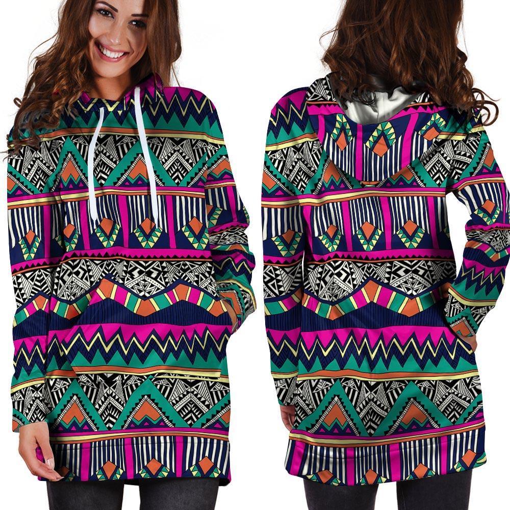 Multicolor Native Aztec Doodle Abstract Hoodie Dress-grizzshop