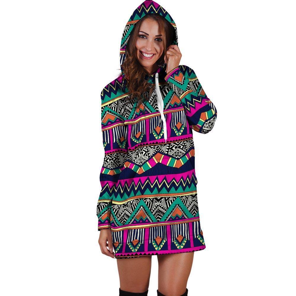 Multicolor Native Aztec Doodle Abstract Hoodie Dress-grizzshop