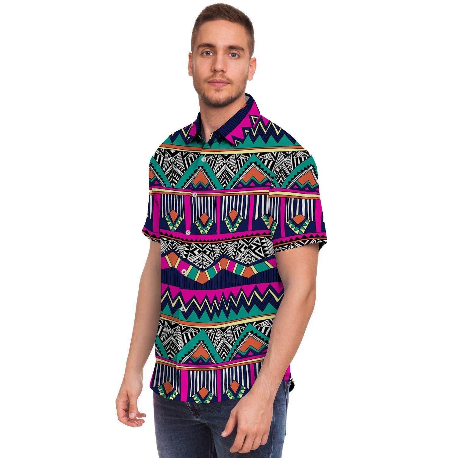 Multicolor Native Aztec Doodle Abstract Men's Short Sleeve Shirt-grizzshop