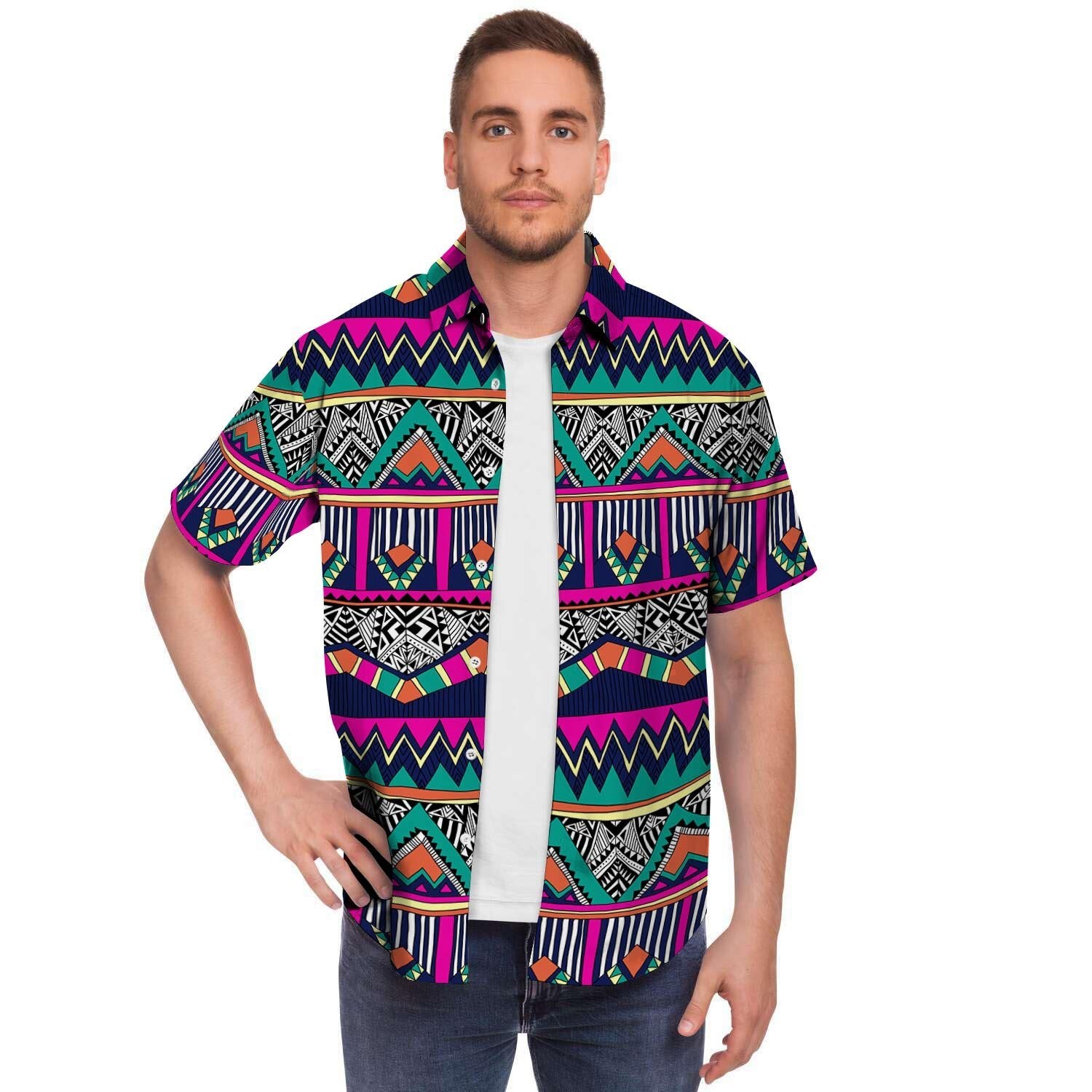 Multicolor Native Aztec Doodle Abstract Men's Short Sleeve Shirt-grizzshop