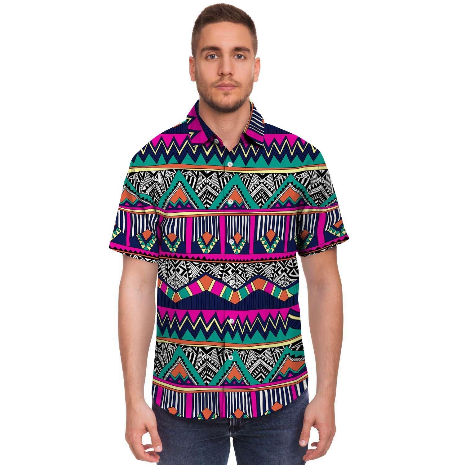 Multicolor Native Aztec Doodle Abstract Men's Short Sleeve Shirt-grizzshop