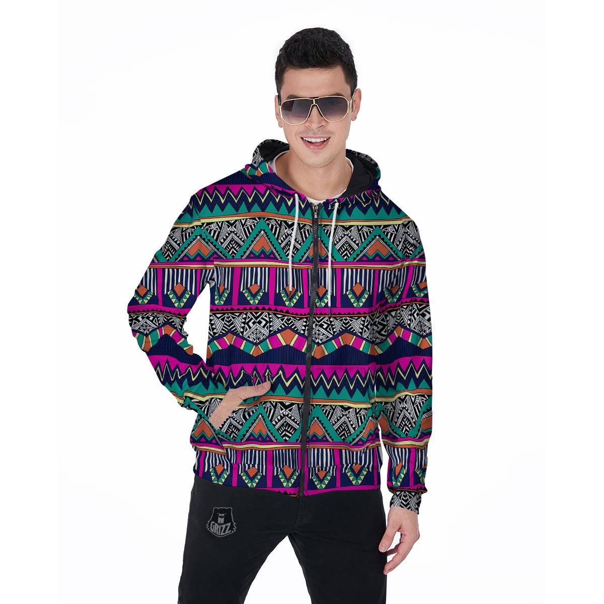 Multicolor Native Aztec Doodle Abstract Men's Zip Up Hoodie-grizzshop