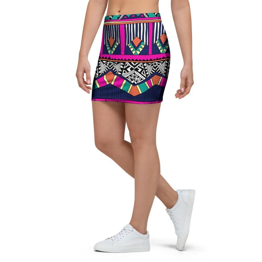 Multicolor Native Aztec Doodle Abstract Mini Skirt-grizzshop