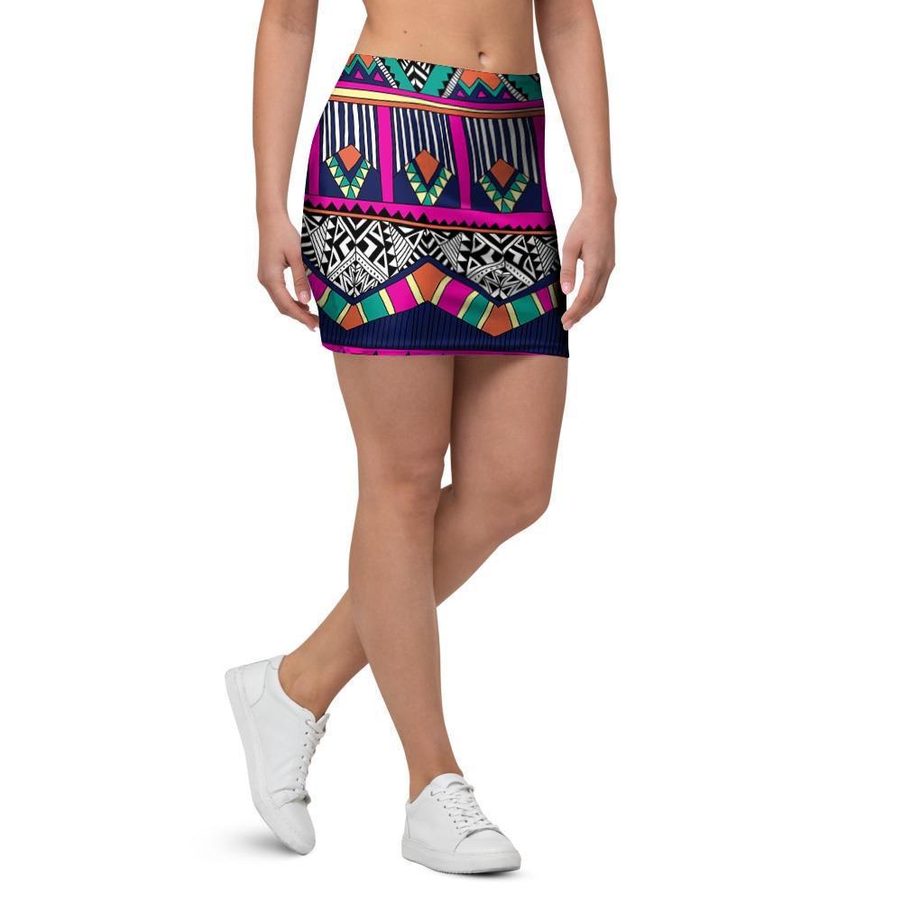 Multicolor Native Aztec Doodle Abstract Mini Skirt-grizzshop