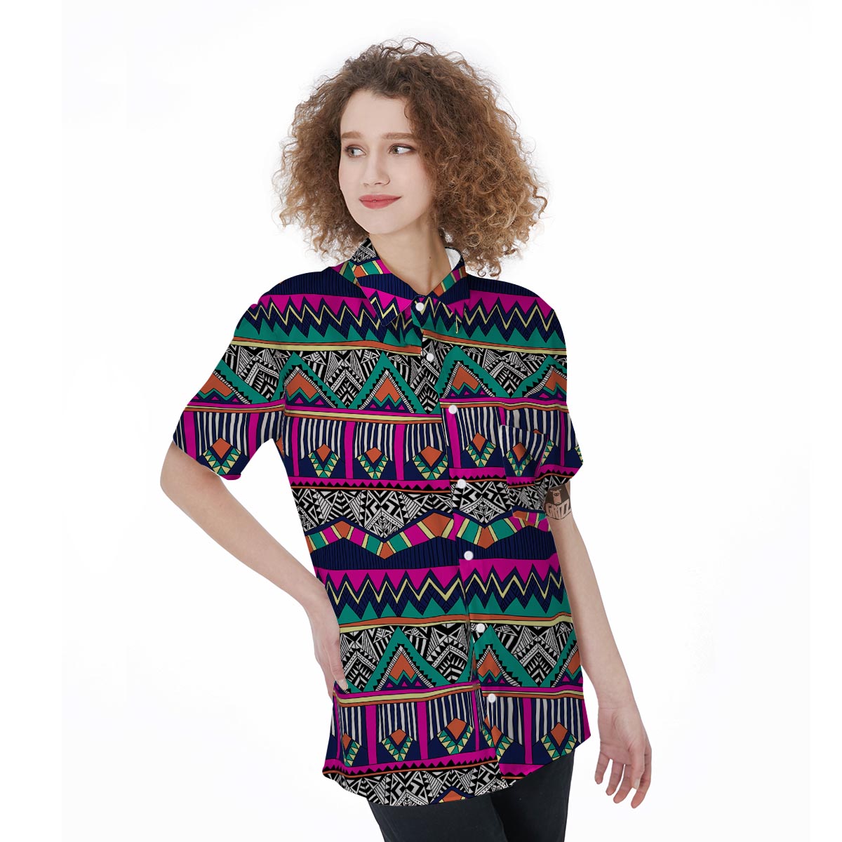 Multicolor Native Aztec Doodle Abstract Women's Short Sleeve Shirts-grizzshop
