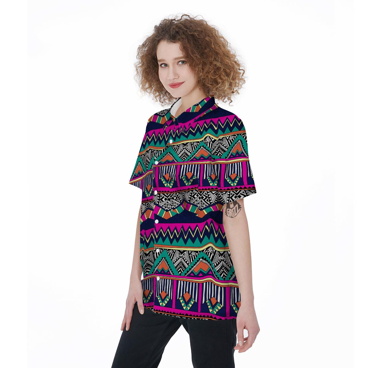 Multicolor Native Aztec Doodle Abstract Women's Short Sleeve Shirts-grizzshop