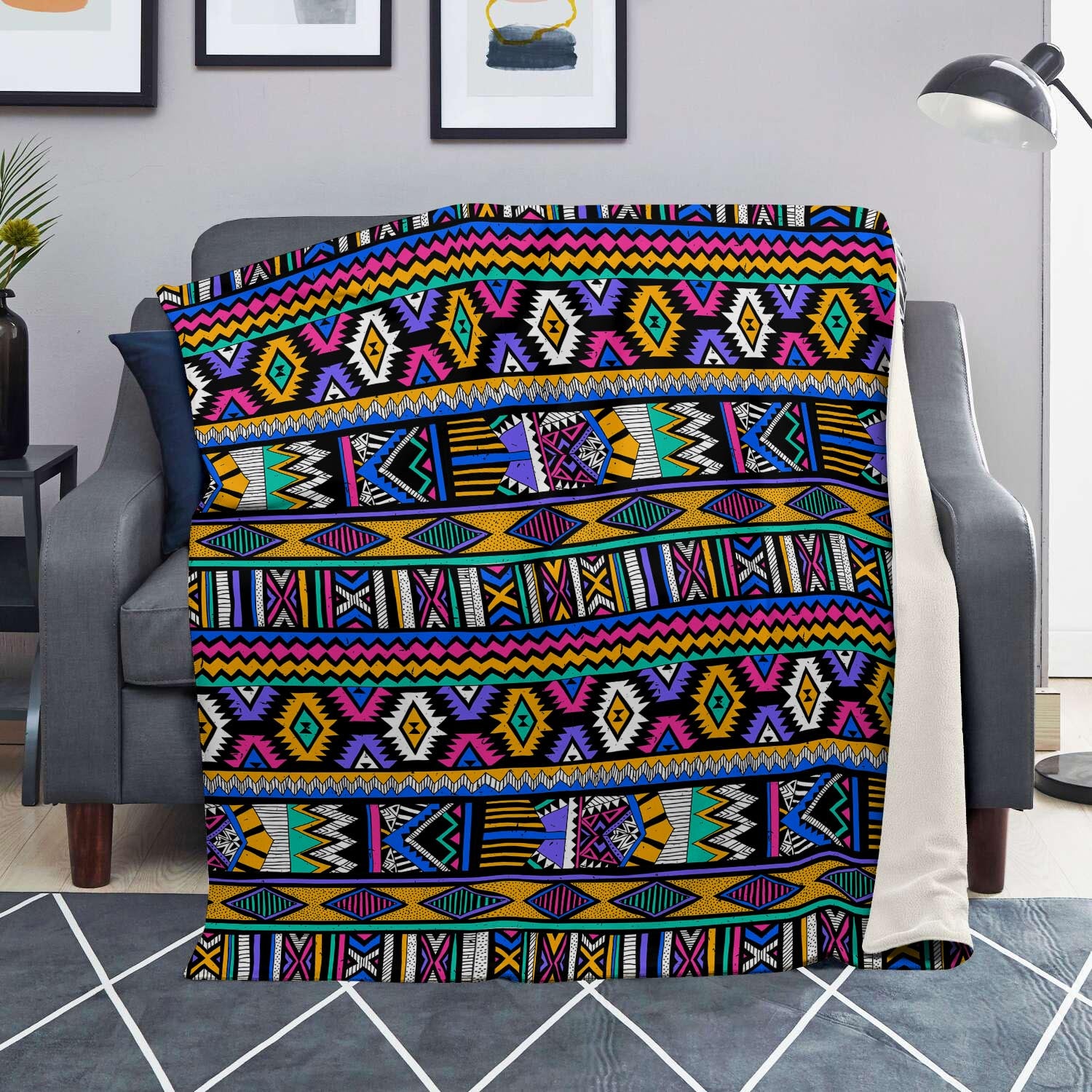 Multicolor Native Aztec Doodle Element Blanket-grizzshop