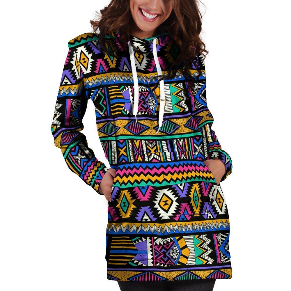 Multicolor Native Aztec Doodle Element Hoodie Dress-grizzshop