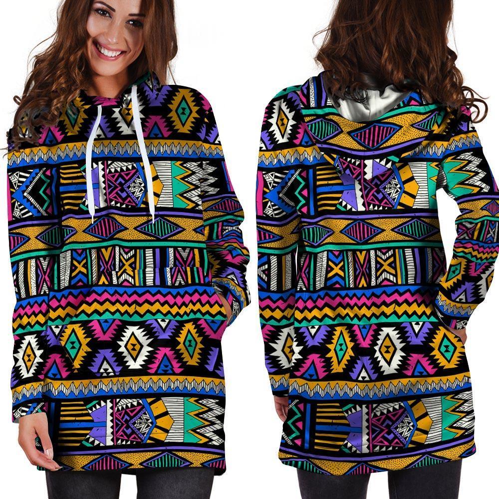 Multicolor Native Aztec Doodle Element Hoodie Dress-grizzshop