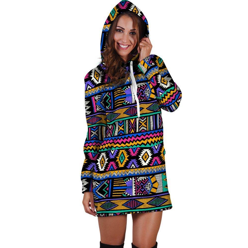 Multicolor Native Aztec Doodle Element Hoodie Dress-grizzshop