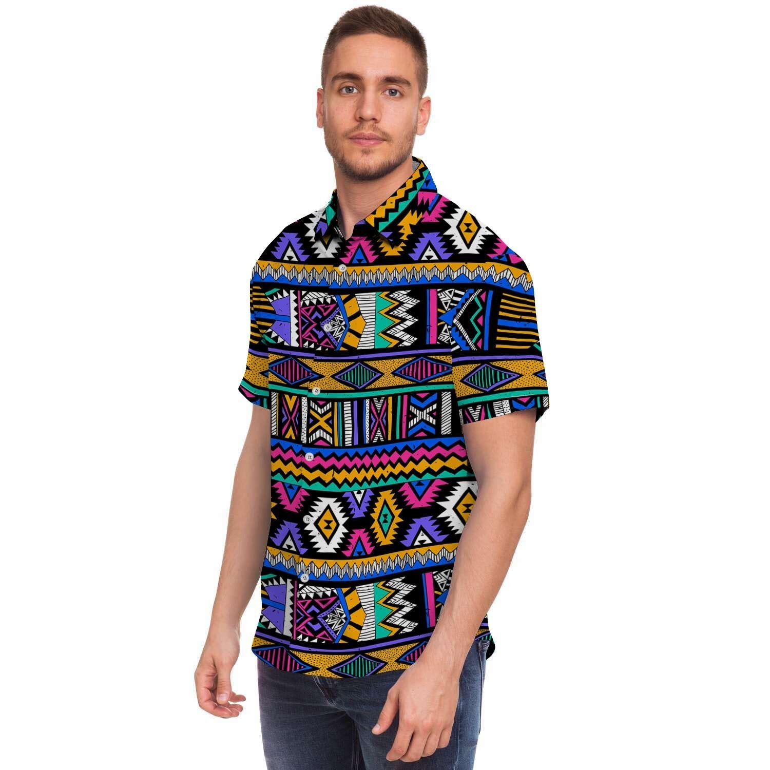 Multicolor Native Aztec Doodle Element Men's Short Sleeve Shirt-grizzshop
