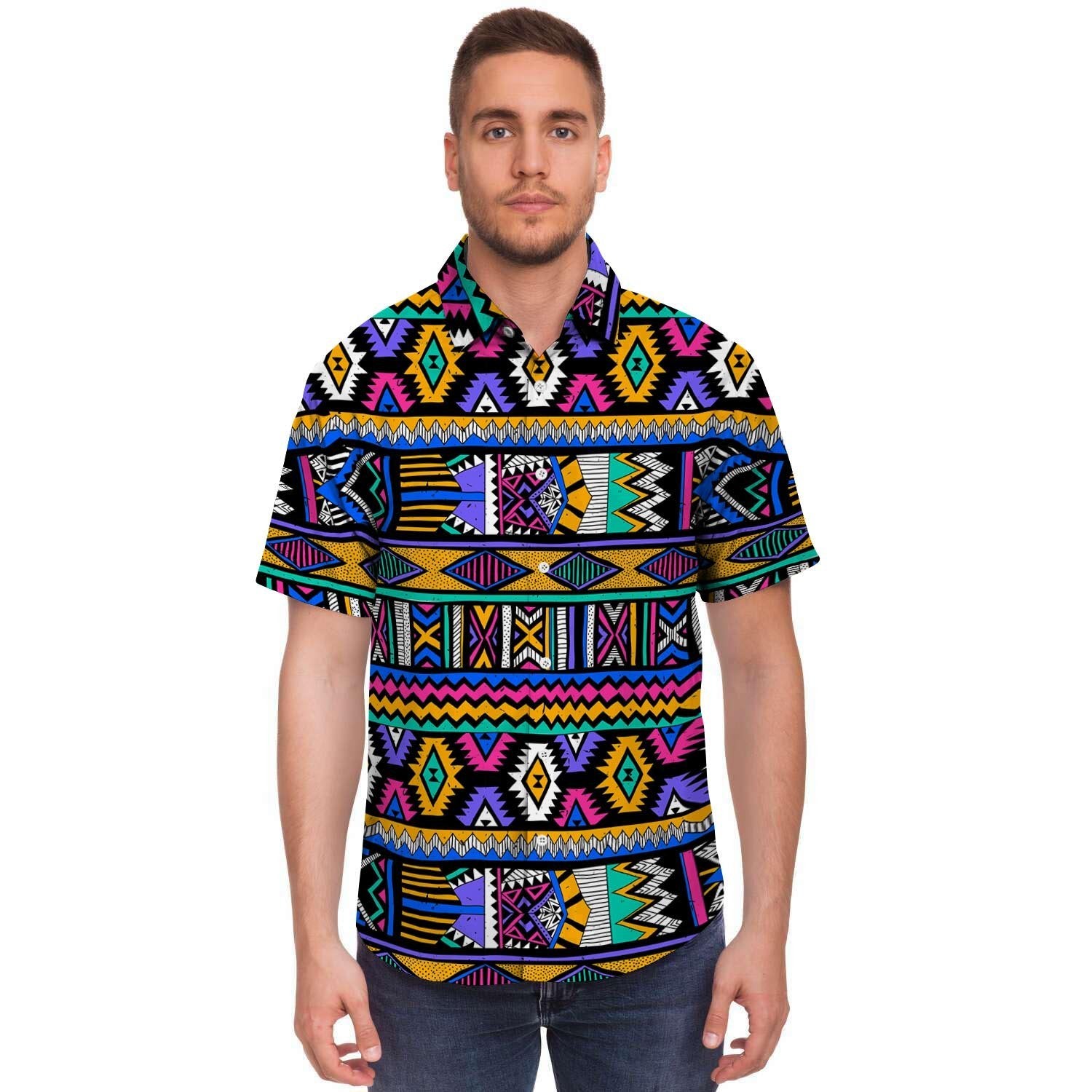 Multicolor Native Aztec Doodle Element Men's Short Sleeve Shirt-grizzshop