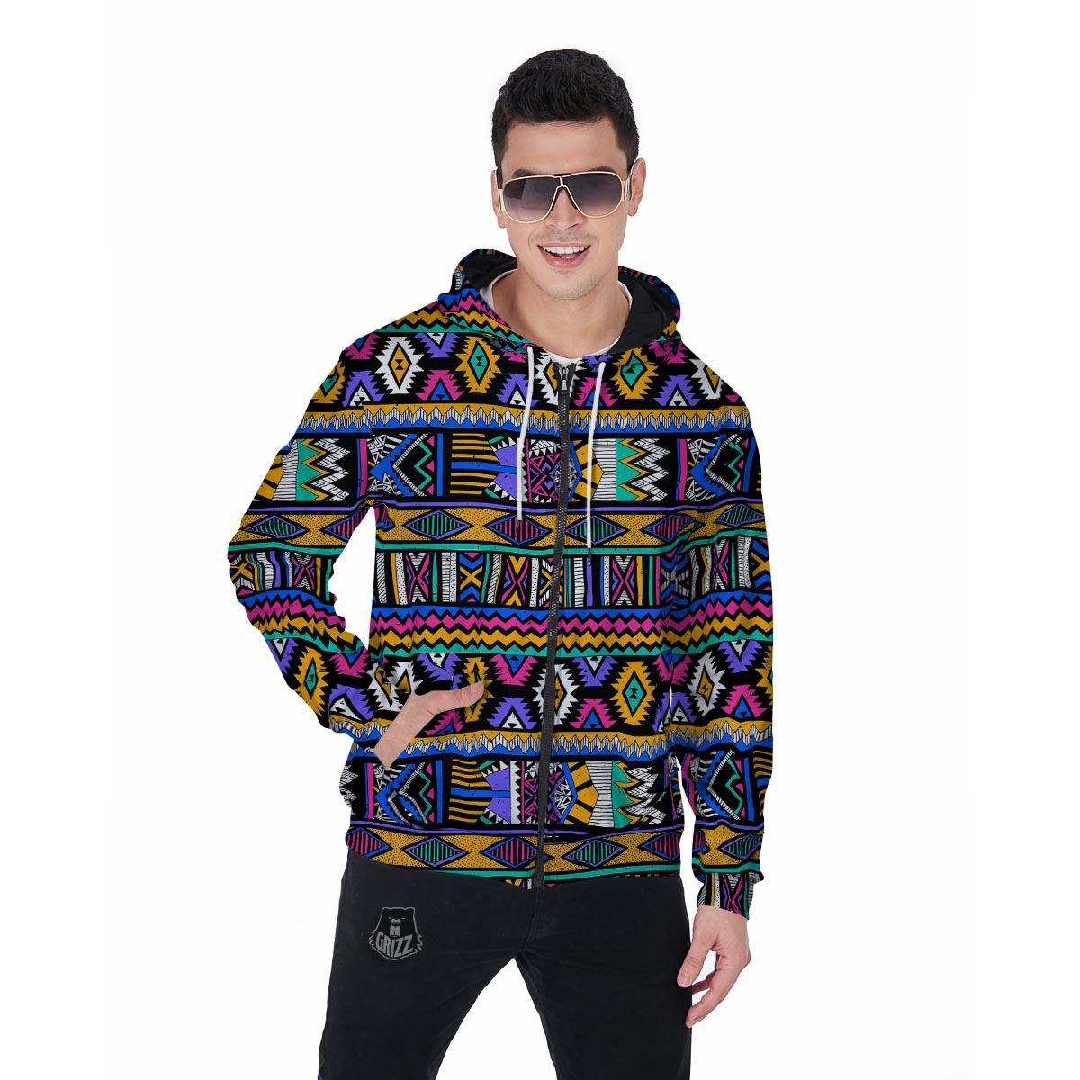 Multicolor Native Aztec Doodle Element Men's Zip Up Hoodie-grizzshop