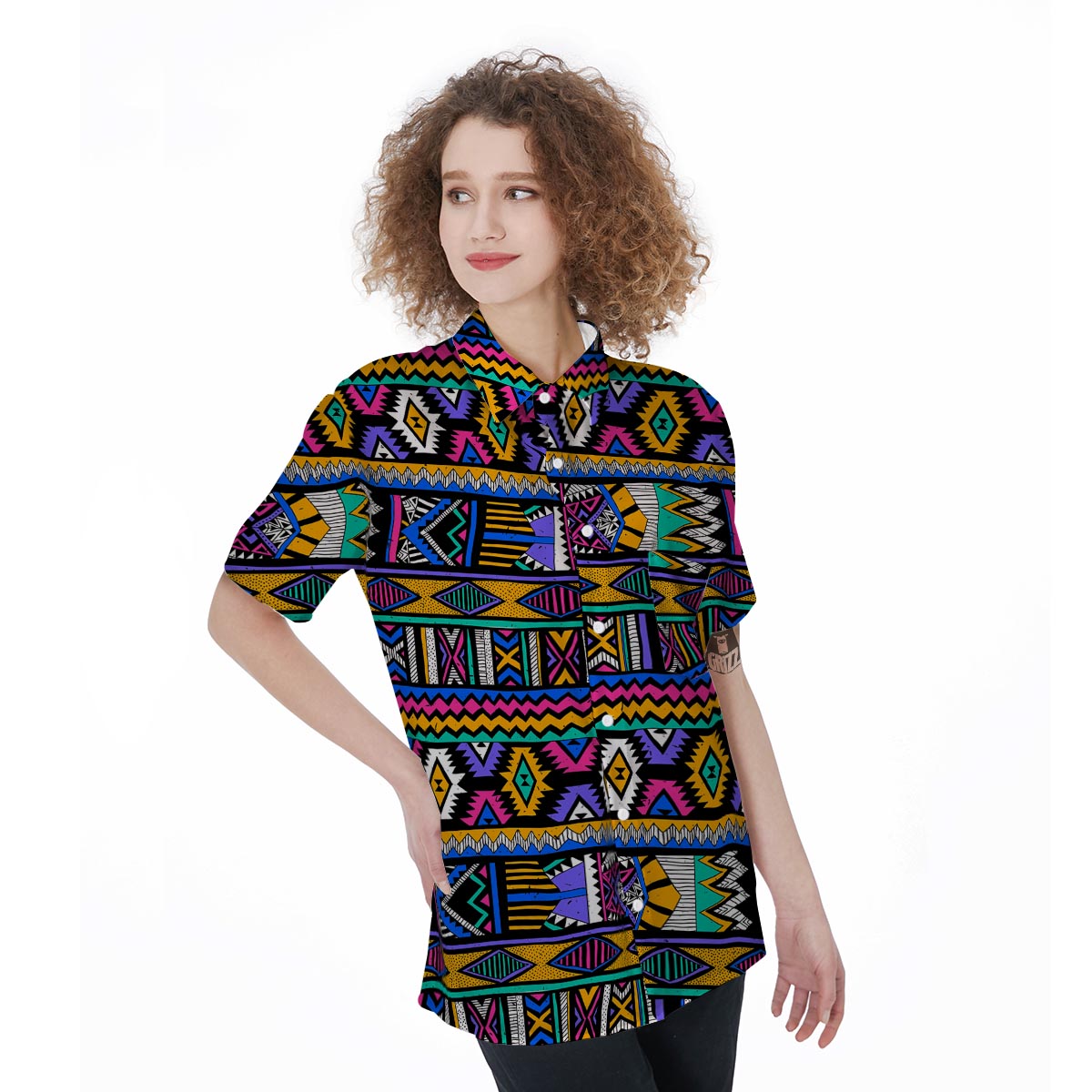 Multicolor Native Aztec Doodle Element Women's Short Sleeve Shirts-grizzshop