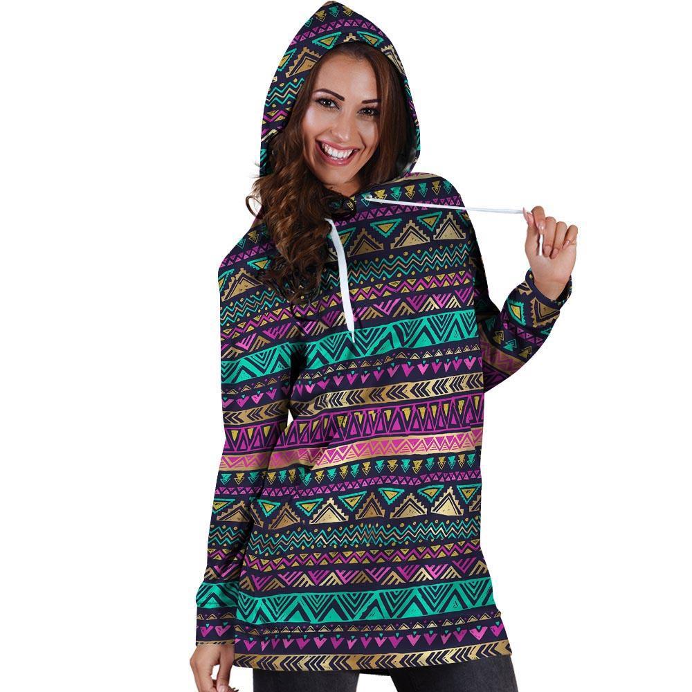 Multicolor Native Aztec Doodle Hoodie Dress-grizzshop