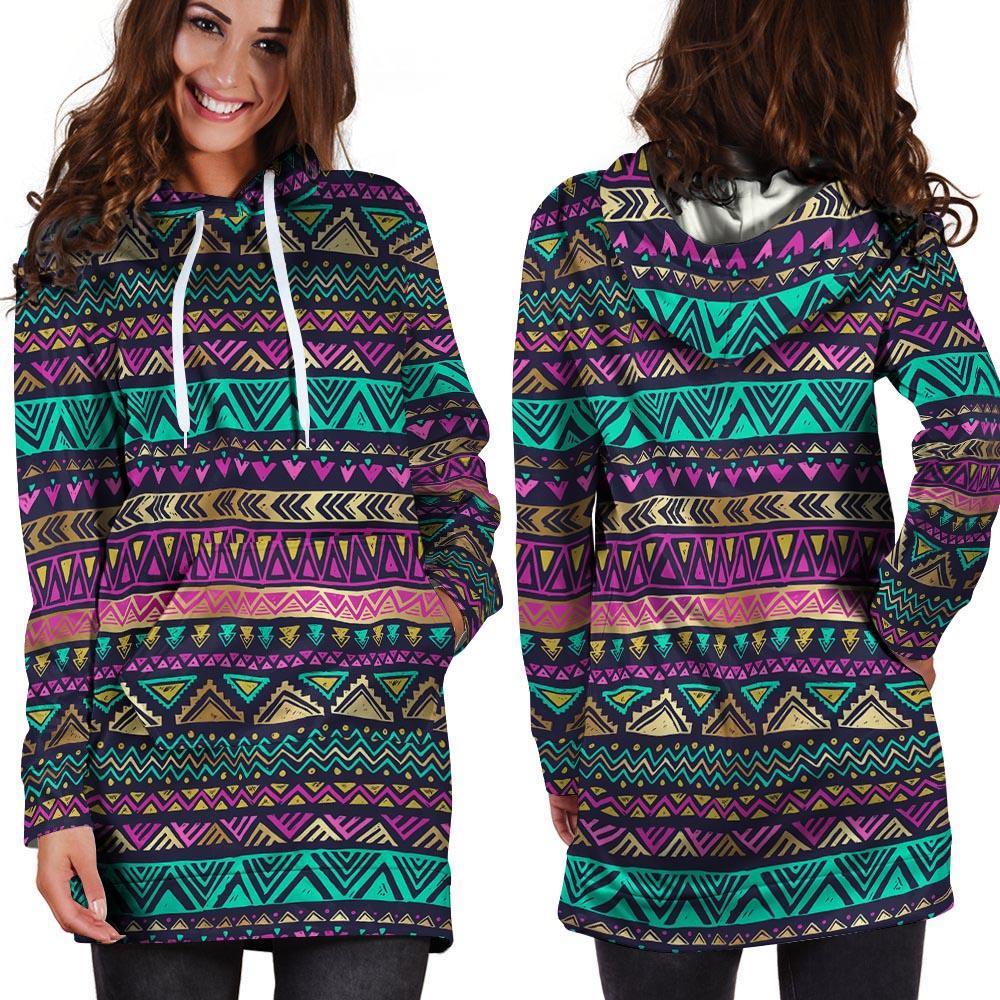 Multicolor Native Aztec Doodle Hoodie Dress-grizzshop