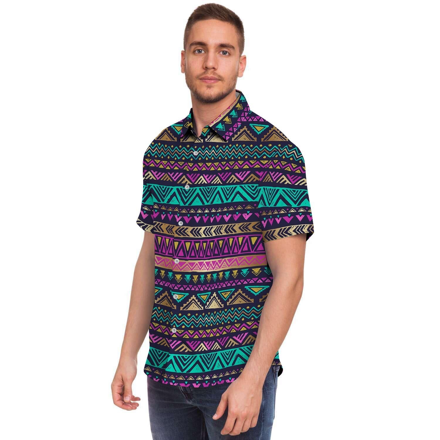 Multicolor Native Aztec Doodle Men's Short Sleeve Shirt-grizzshop