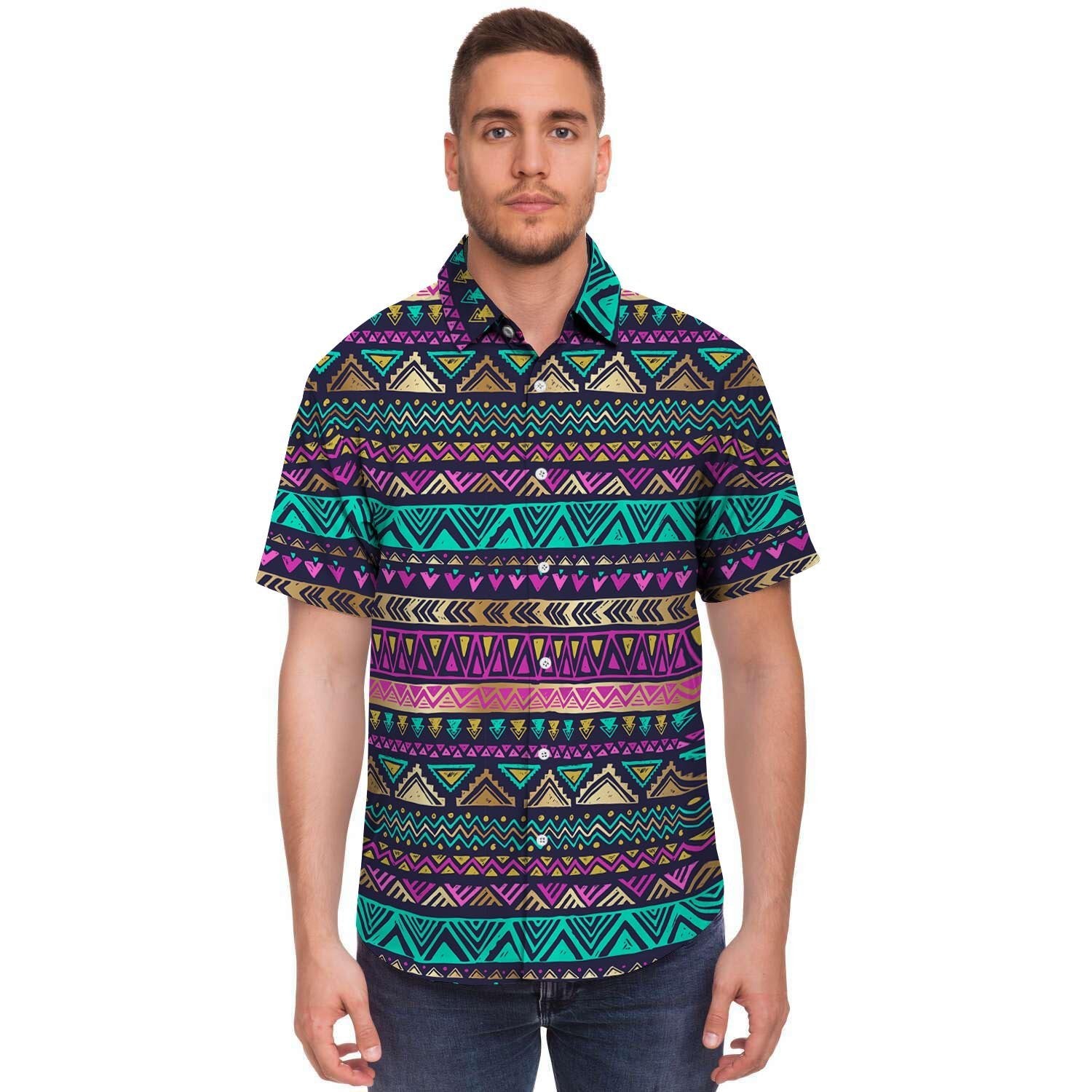 Multicolor Native Aztec Doodle Men's Short Sleeve Shirt-grizzshop