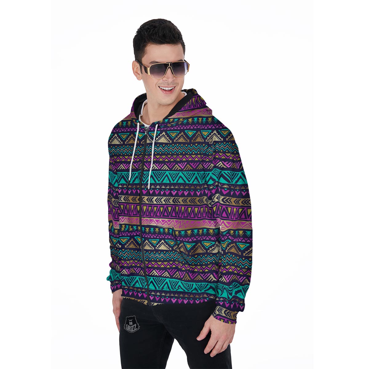 Multicolor Native Aztec Doodle Men's Zip Up Hoodie-grizzshop