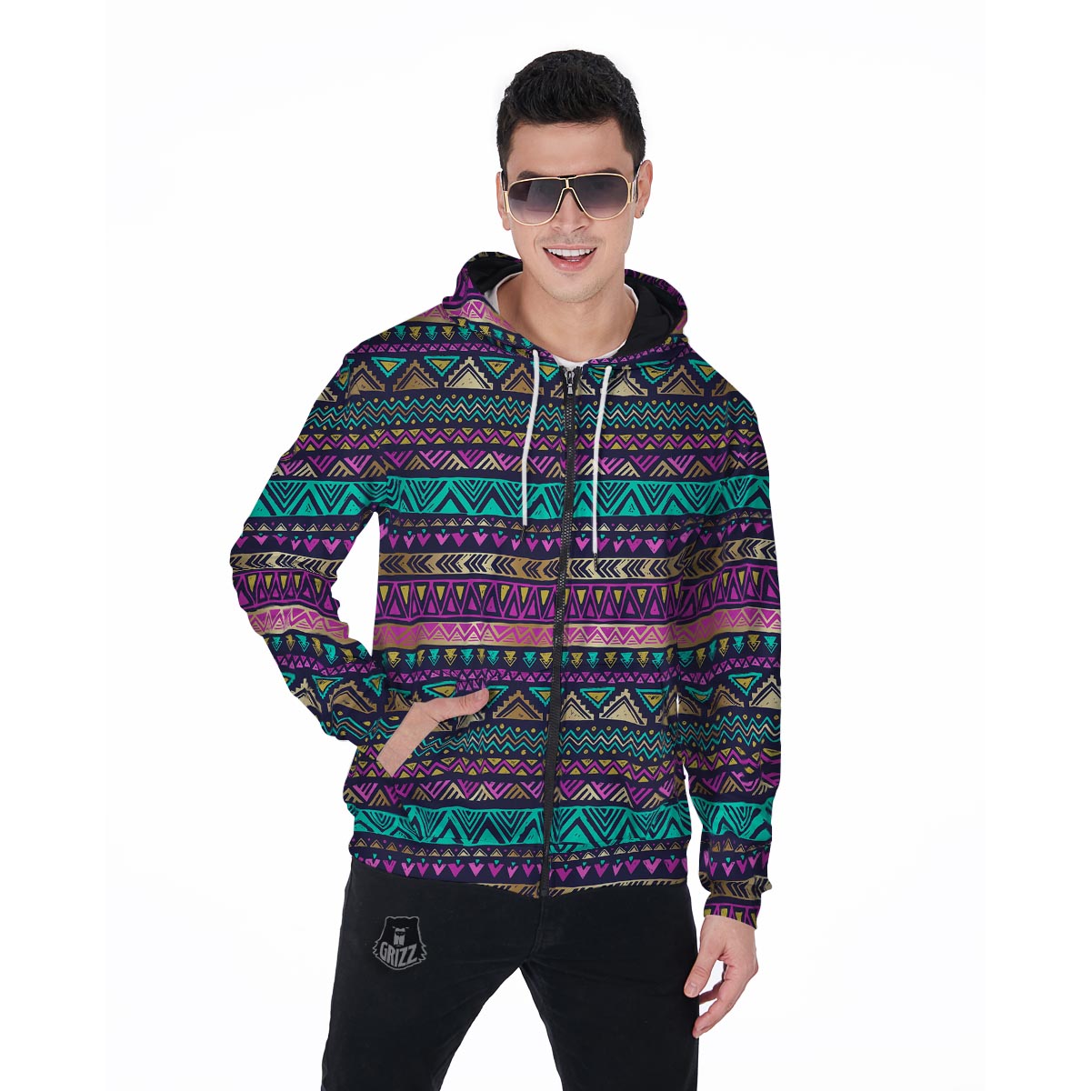 Multicolor Native Aztec Doodle Men's Zip Up Hoodie-grizzshop