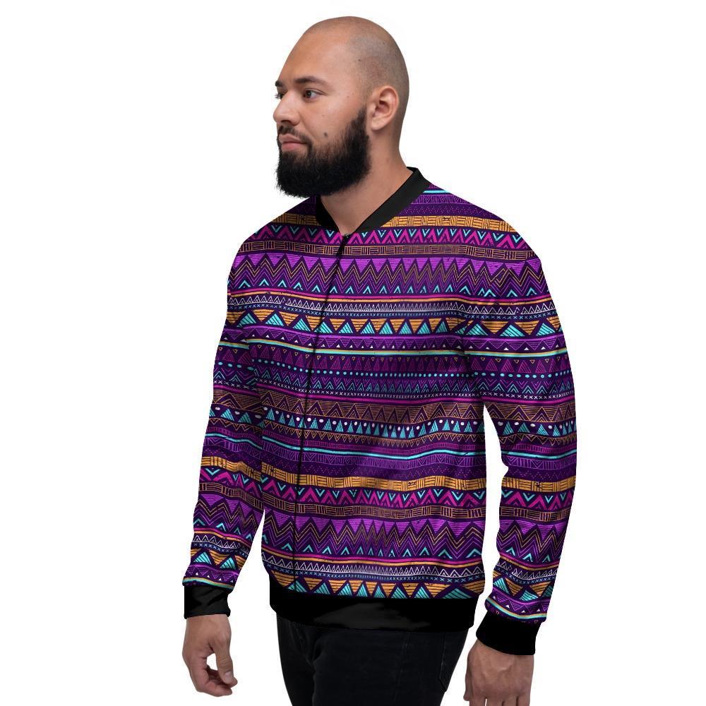 Multicolor Native Aztec Doodle Striped Men's Bomber Jacket-grizzshop