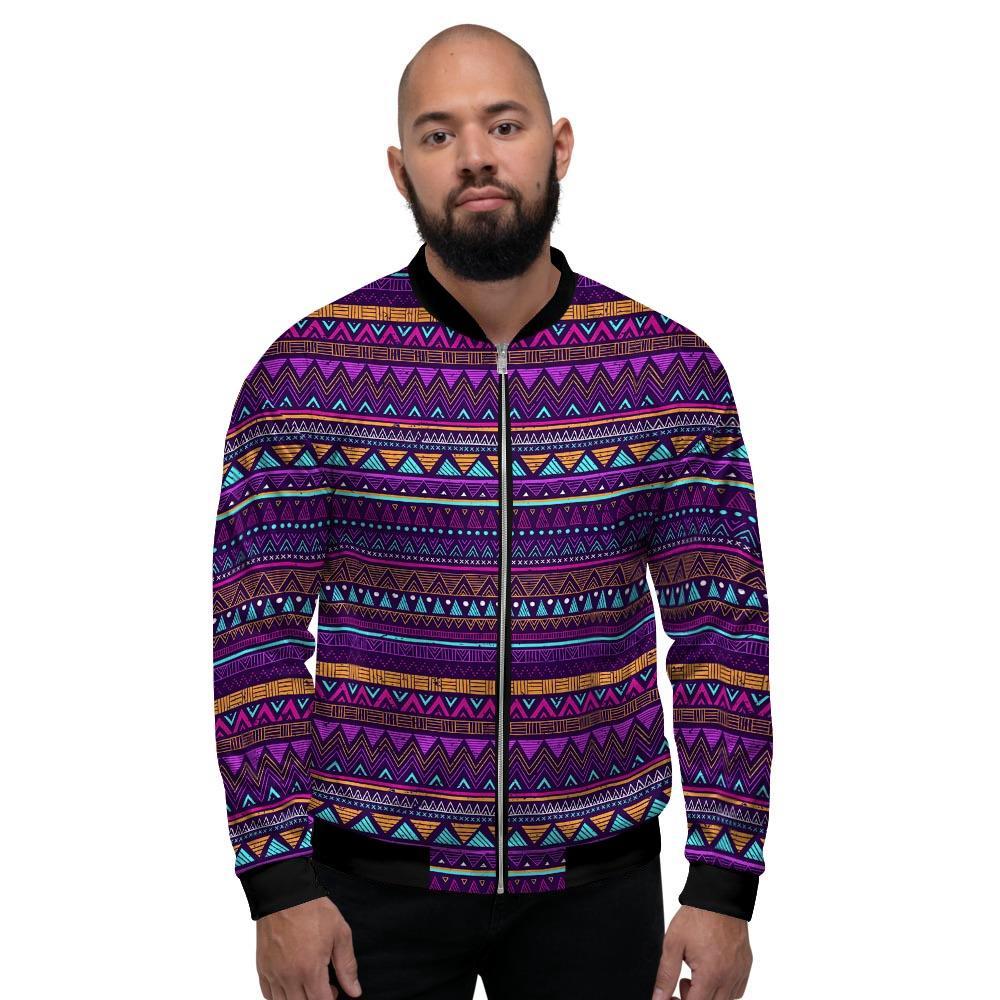 Multicolor Native Aztec Doodle Striped Men's Bomber Jacket-grizzshop