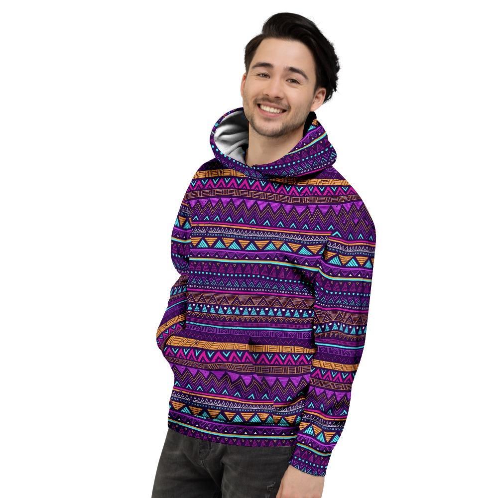 Multicolor Native Aztec Doodle Striped Men's Hoodie-grizzshop