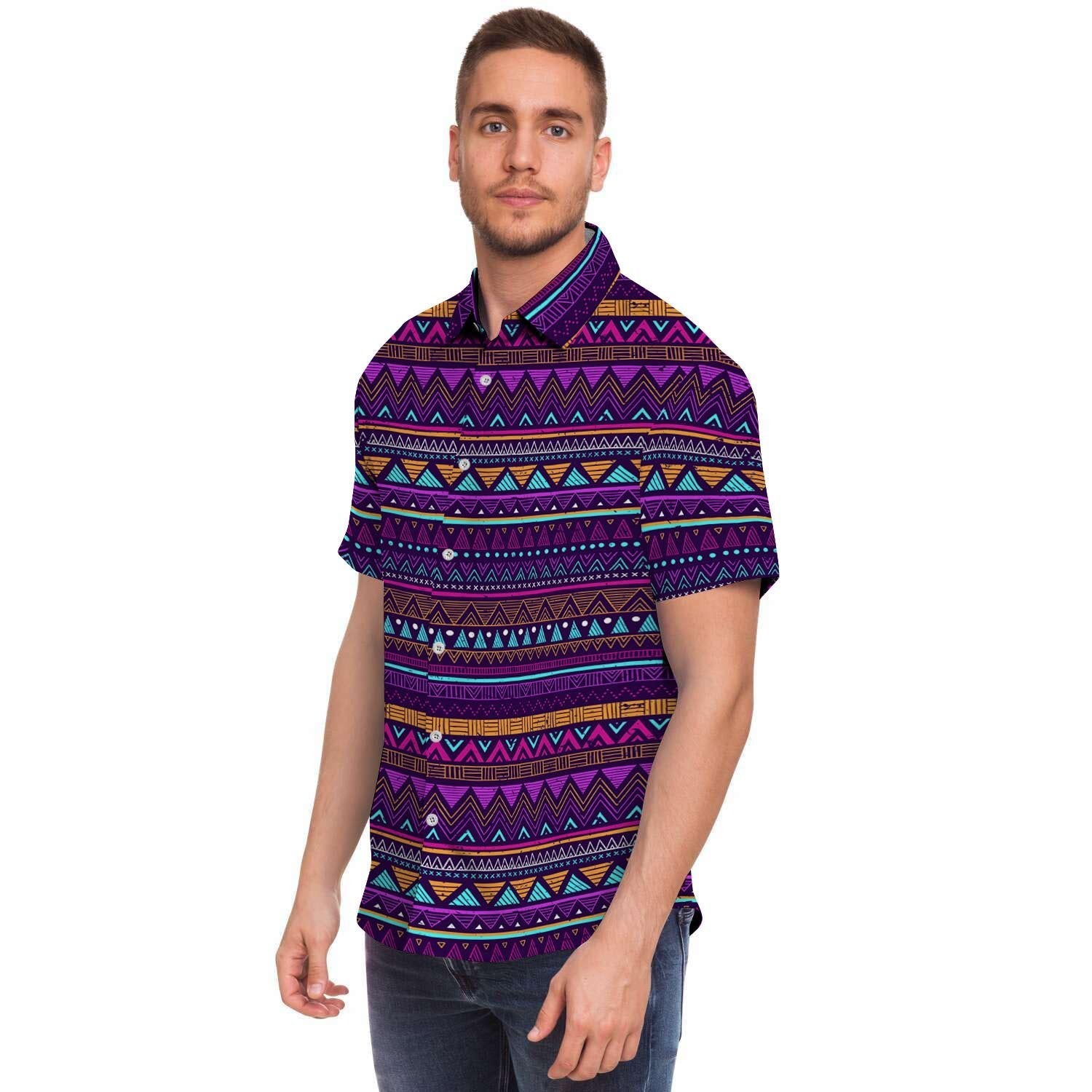 Multicolor Native Aztec Doodle Striped Men's Short Sleeve Shirt-grizzshop