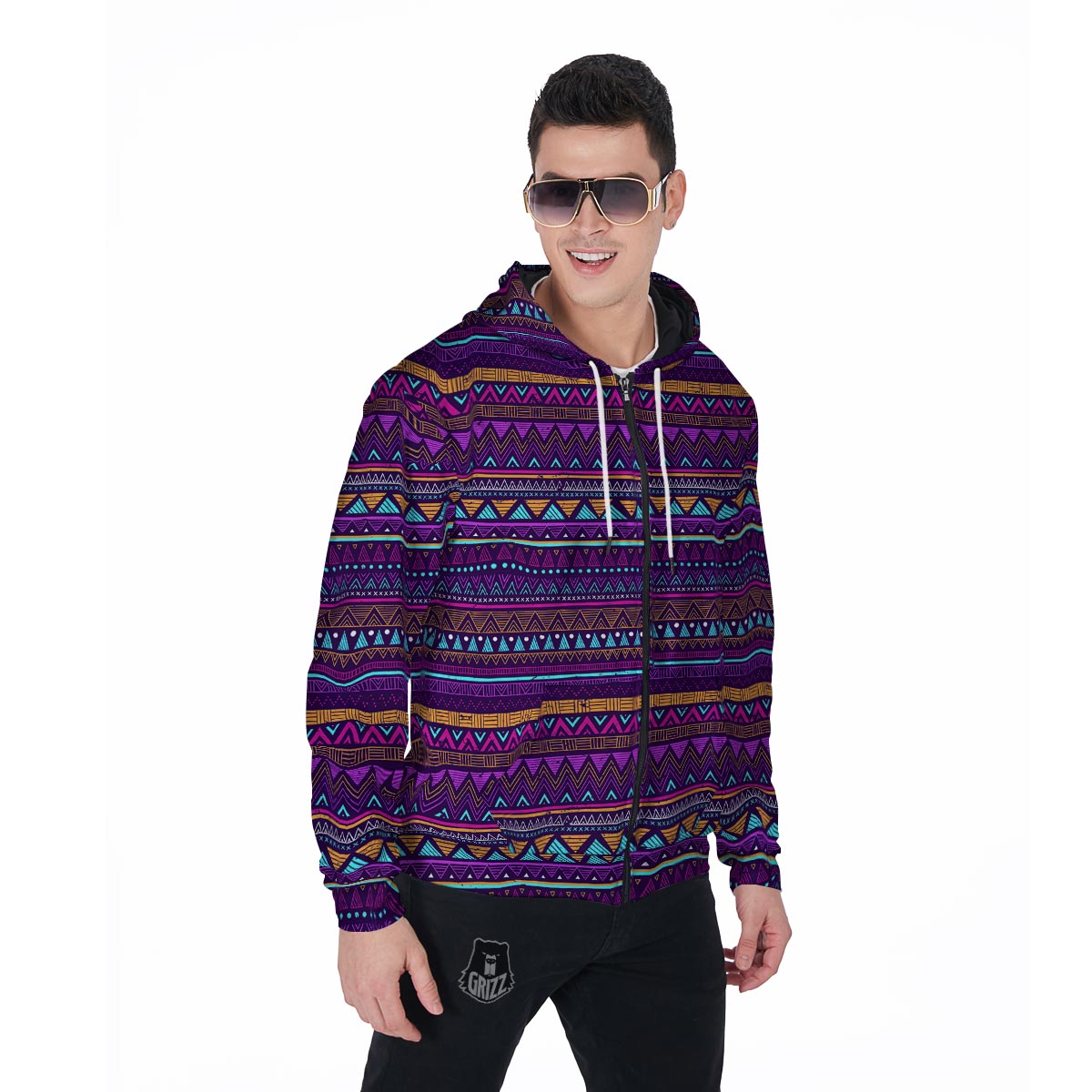 Multicolor Native Aztec Doodle Striped Men's Zip Up Hoodie-grizzshop