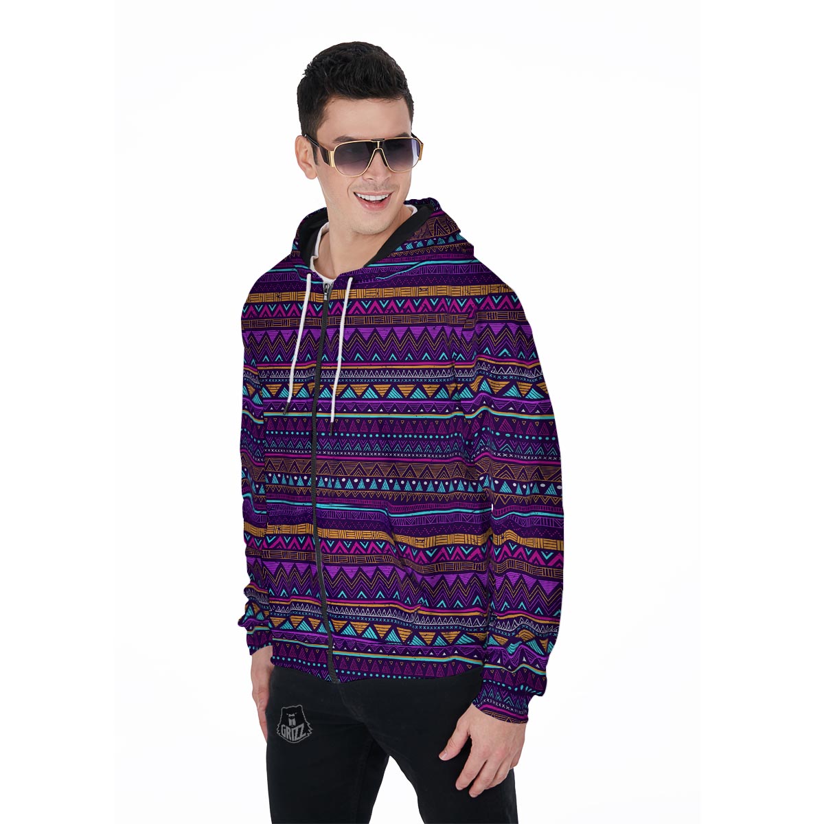 Multicolor Native Aztec Doodle Striped Men's Zip Up Hoodie-grizzshop