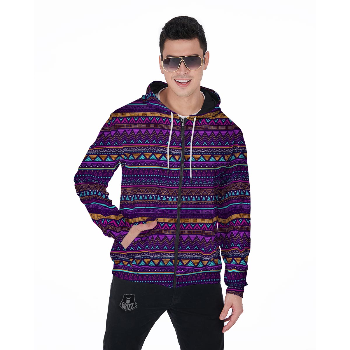 Multicolor Native Aztec Doodle Striped Men's Zip Up Hoodie-grizzshop