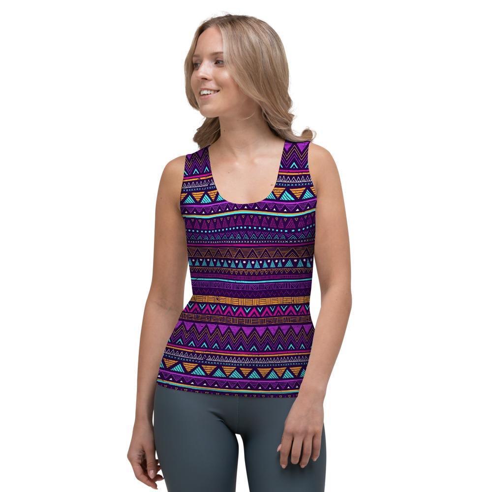 Multicolor Native Aztec Doodle Striped Women's Tank Top-grizzshop