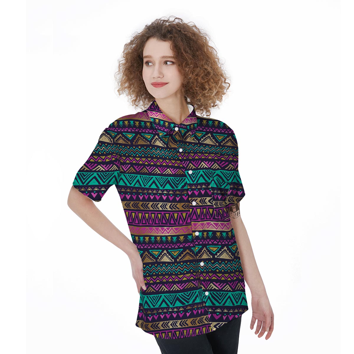 Multicolor Native Aztec Doodle Women's Short Sleeve Shirts-grizzshop