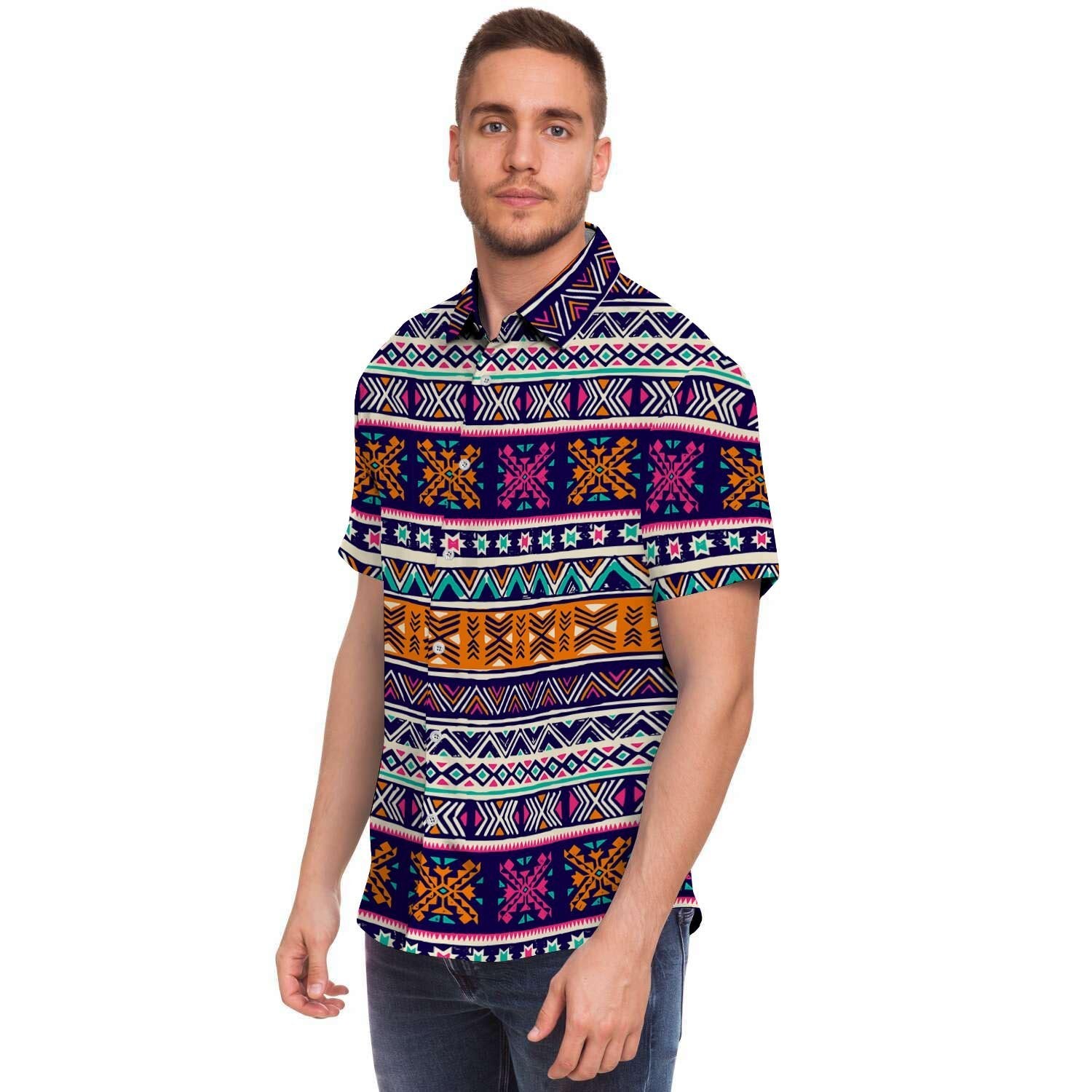 Multicolor Native Aztec Geometric Hipster Men's Short Sleeve Shirt-grizzshop