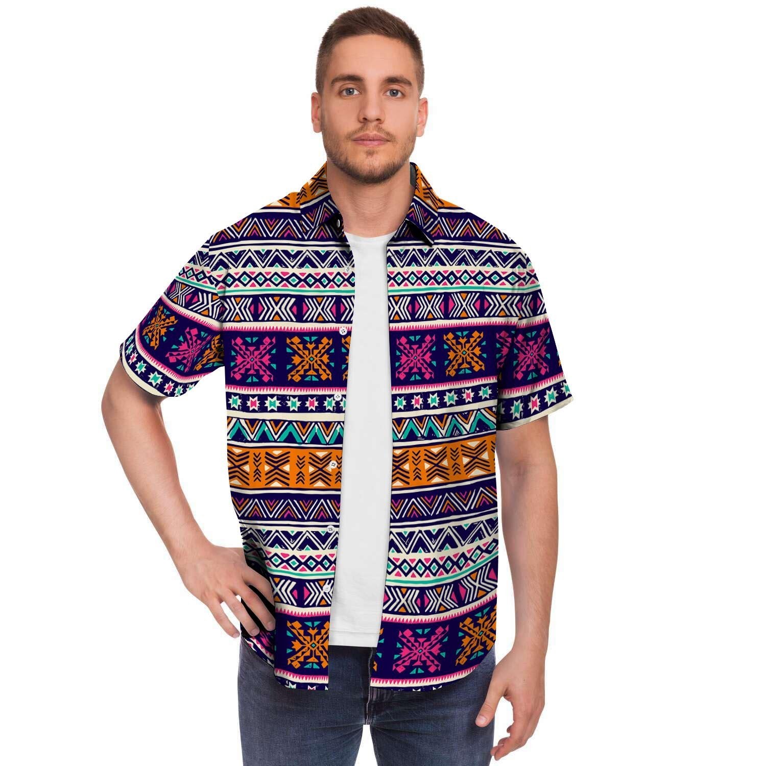 Multicolor Native Aztec Geometric Hipster Men's Short Sleeve Shirt-grizzshop