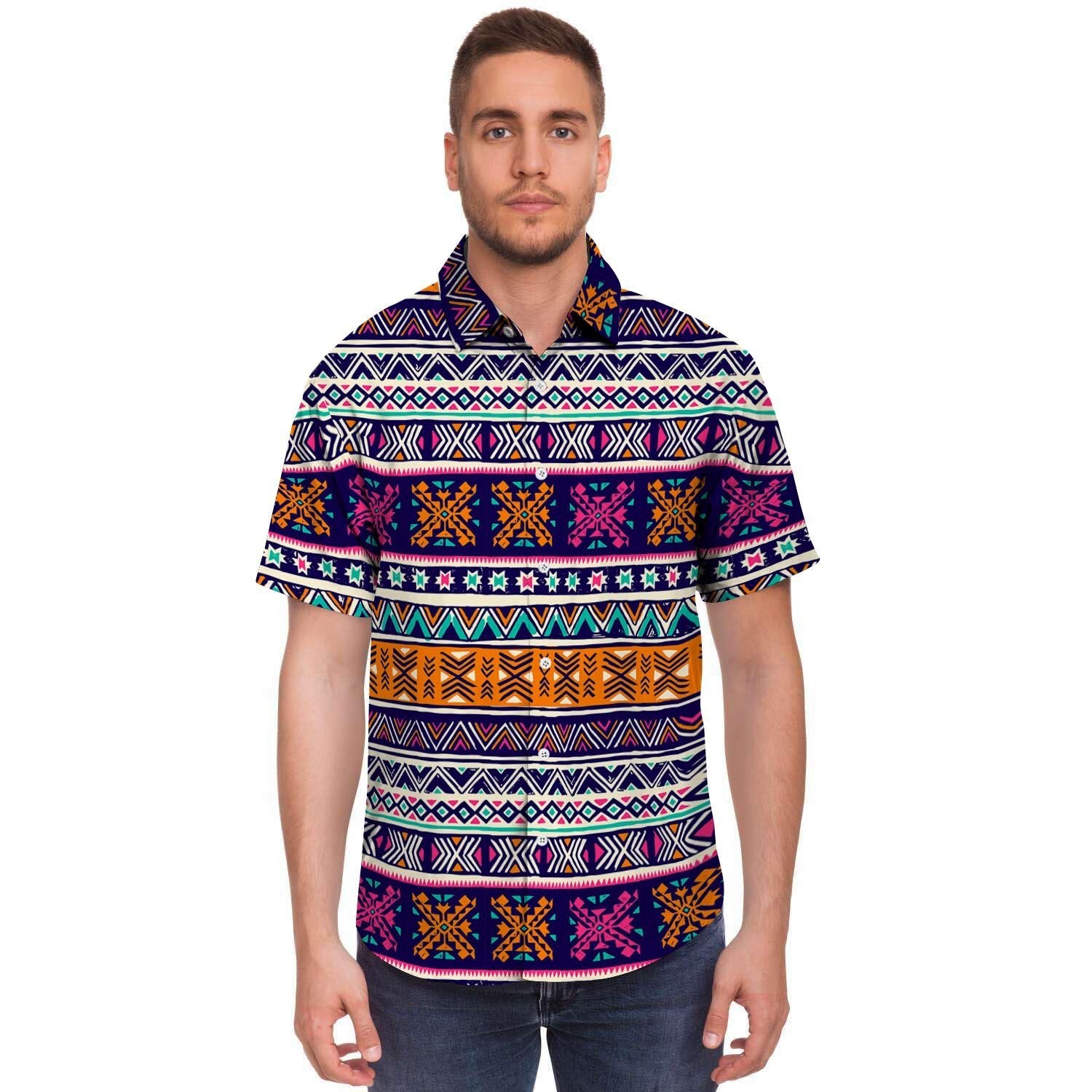Multicolor Native Aztec Geometric Hipster Men's Short Sleeve Shirt-grizzshop