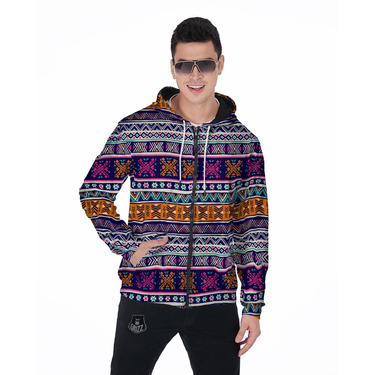 Multicolor Native Aztec Geometric Hipster Men's Zip Up Hoodie-grizzshop