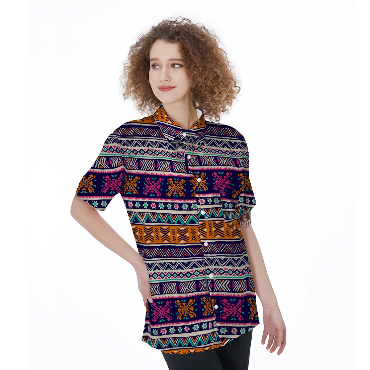 Multicolor Native Aztec Geometric Hipster Women's Short Sleeve Shirts-grizzshop