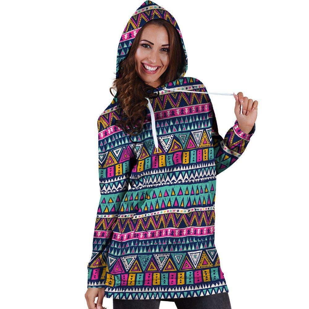 Multicolor Native Aztec Trippy Striped Hoodie Dress-grizzshop