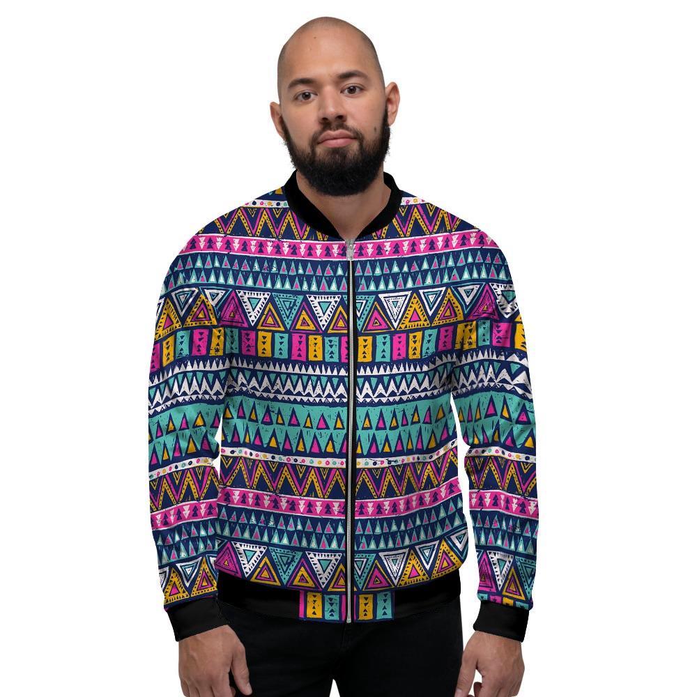 Multicolor Native Aztec Trippy Striped Men's Bomber Jacket-grizzshop