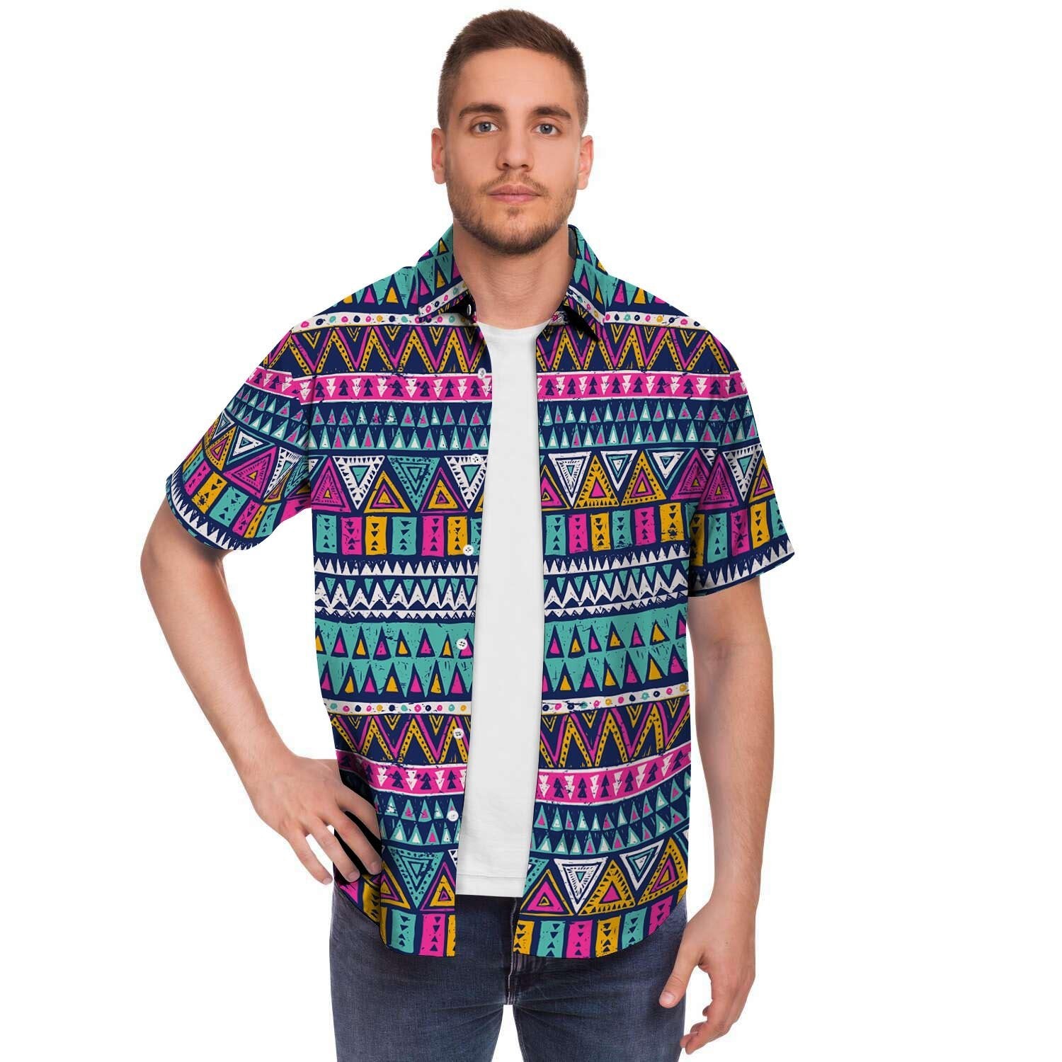 Multicolor Native Aztec Trippy Striped Men's Short Sleeve Shirt-grizzshop