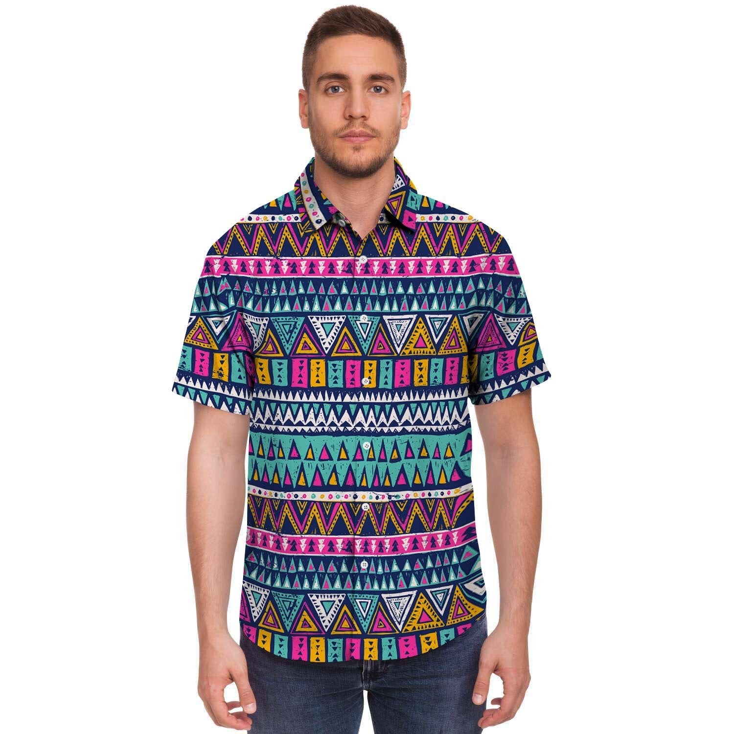 Multicolor Native Aztec Trippy Striped Men's Short Sleeve Shirt-grizzshop