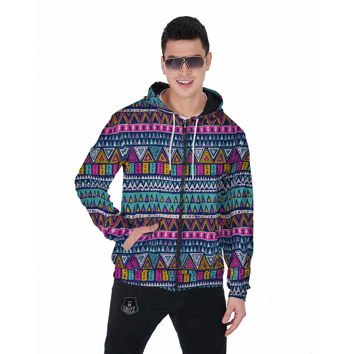 Multicolor Native Aztec Trippy Striped Men's Zip Up Hoodie-grizzshop