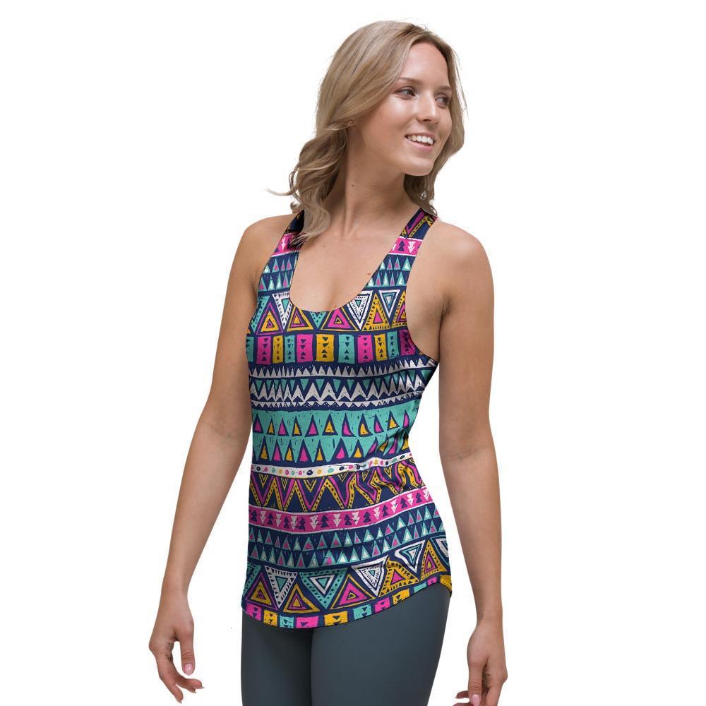 Multicolor Native Aztec Trippy Striped Women's Racerback Tank Top-grizzshop