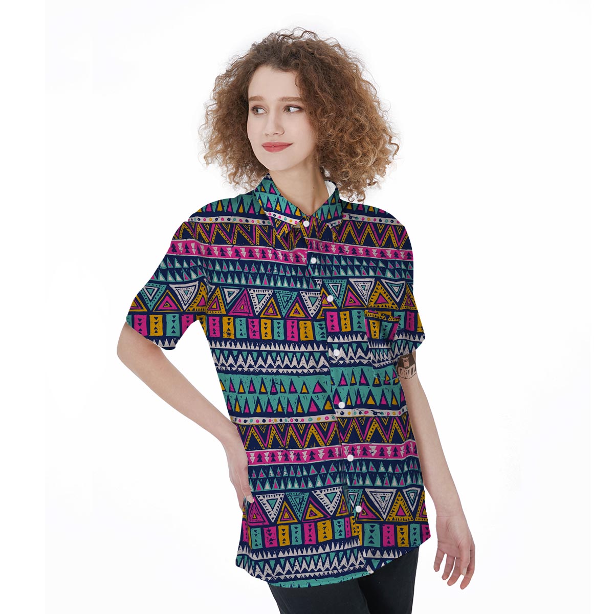 Multicolor Native Aztec Trippy Striped Women's Short Sleeve Shirts-grizzshop