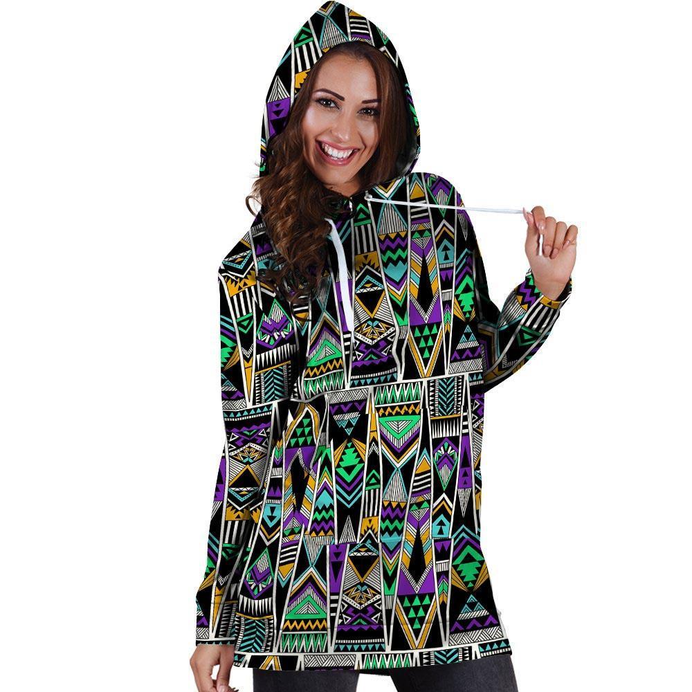 Multicolor Native Aztec Vintage Trippy Hoodie Dress-grizzshop