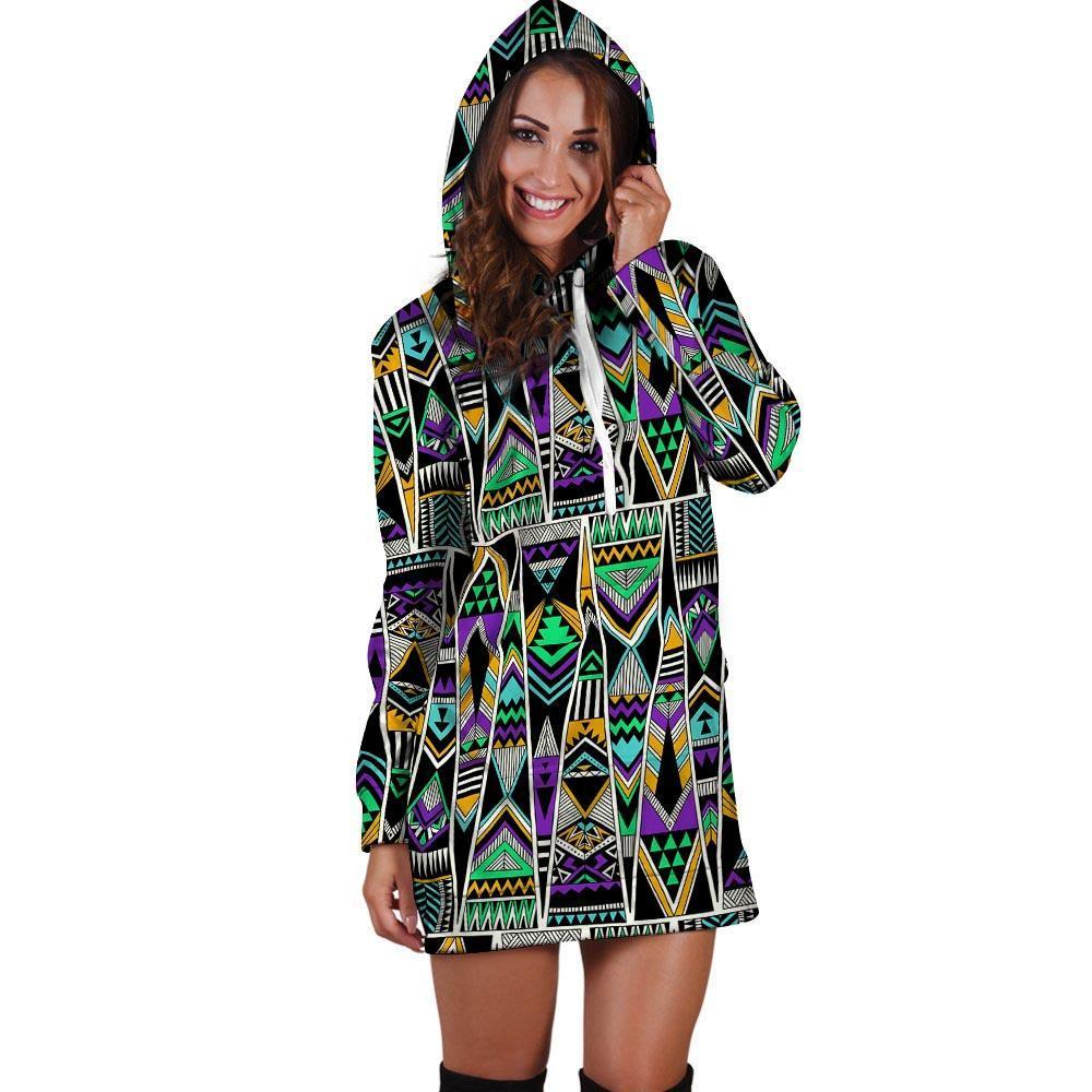 Multicolor Native Aztec Vintage Trippy Hoodie Dress-grizzshop