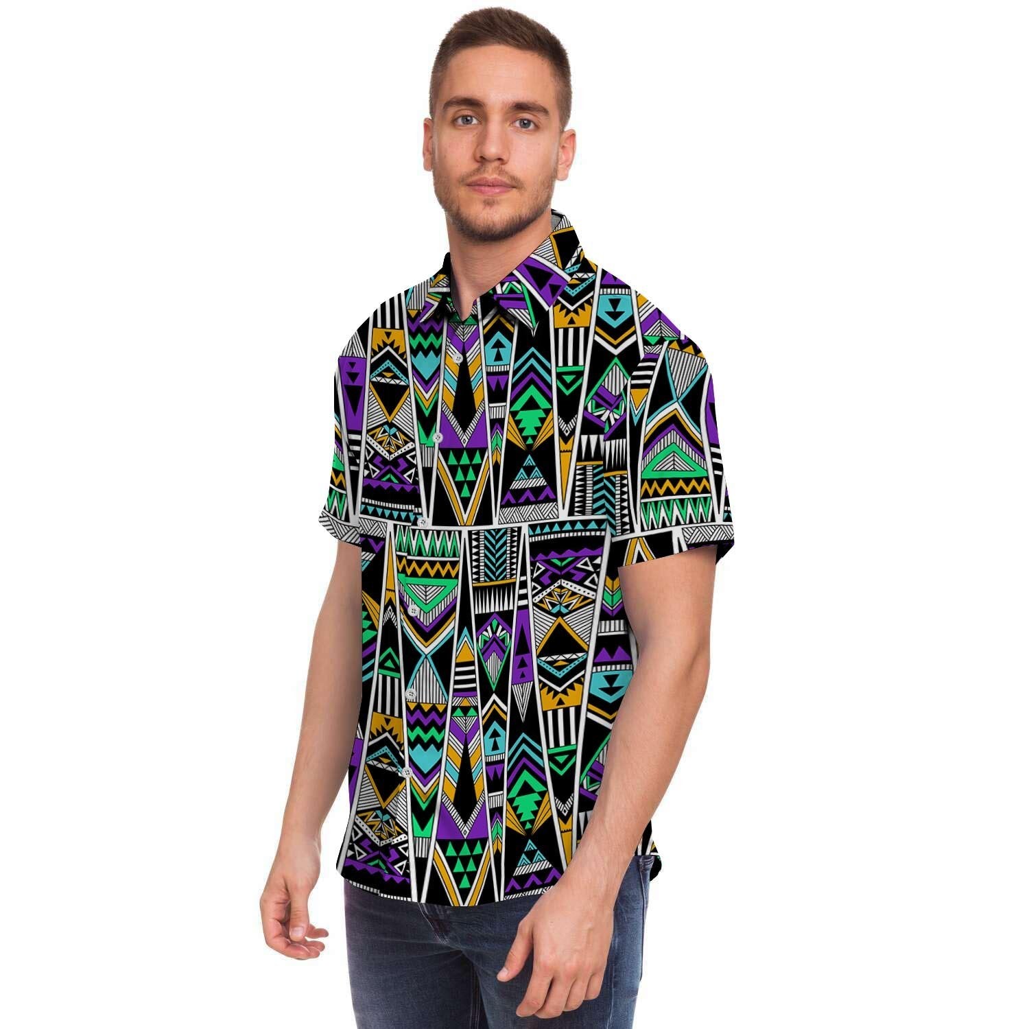 Multicolor Native Aztec Vintage Trippy Men's Short Sleeve Shirt-grizzshop