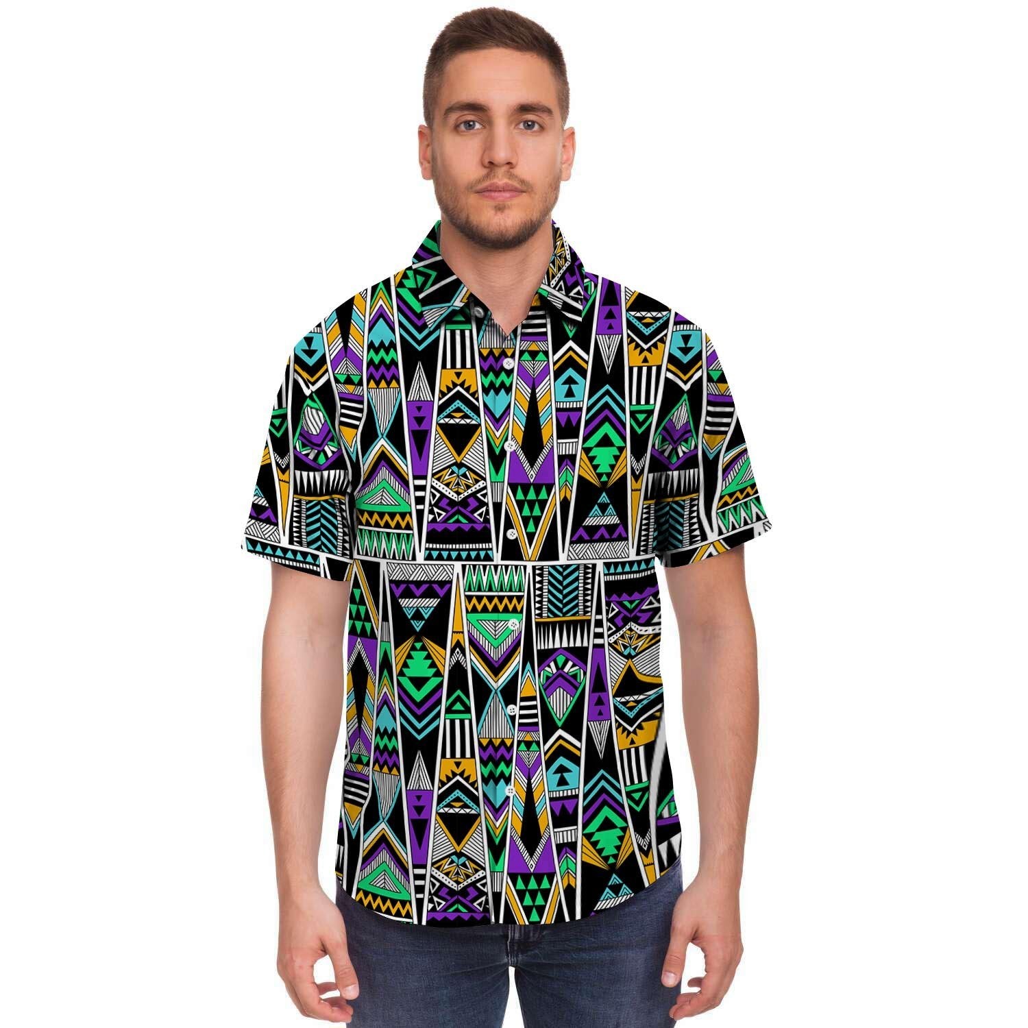 Multicolor Native Aztec Vintage Trippy Men's Short Sleeve Shirt-grizzshop