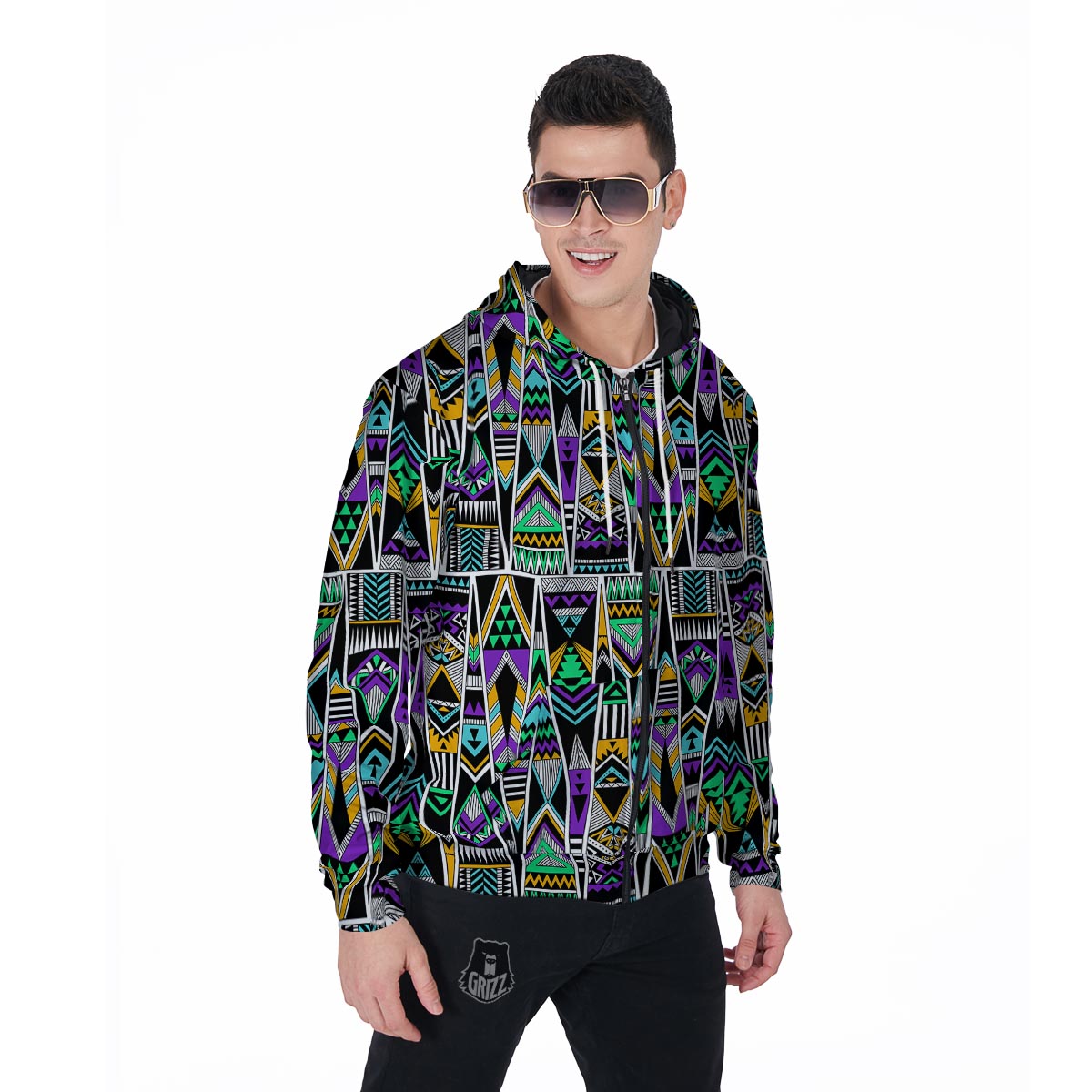 Multicolor Native Aztec Vintage Trippy Men's Zip Up Hoodie-grizzshop